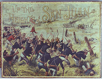 Fig 10. McLoughlin Brothers. Up the Heights of the San Juan: Our Boys Storming the Blockhouse in Front of Santiago, ca. 1898. The image on this puzzle depicts the Battle for San Juan Heights in July 1898, during the Spanish-American War.
Bob Armstrong’s Old Jigsaw Puzzles. Web. 2 March 2016.
