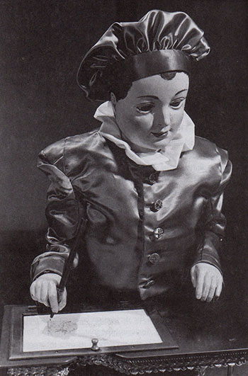 Fig 17. Henri Mailliardet. Draughtsman-Writer, 18th century. This automaton had a repertoire of seven sketches and pieces of writing. 
Tiffany, Daniel. Toy Medium: Materialism and Modern Lyric. Berkeley: University of California Press, 2000. Print. Image courtesy Franklin Institute, Philidelphia.
